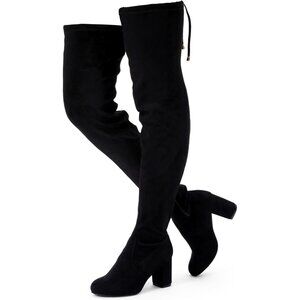 Women's Black Inner Zipper Thigh High Over The Knee High Square Heel Boots